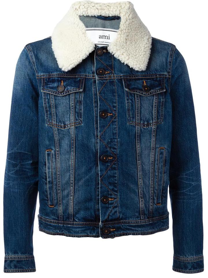 Ami Alexandre Mattiussi Denim Jacket With Shearling, Men's, Size: Xl, Blue, Cotton/sheep Skin/shearling