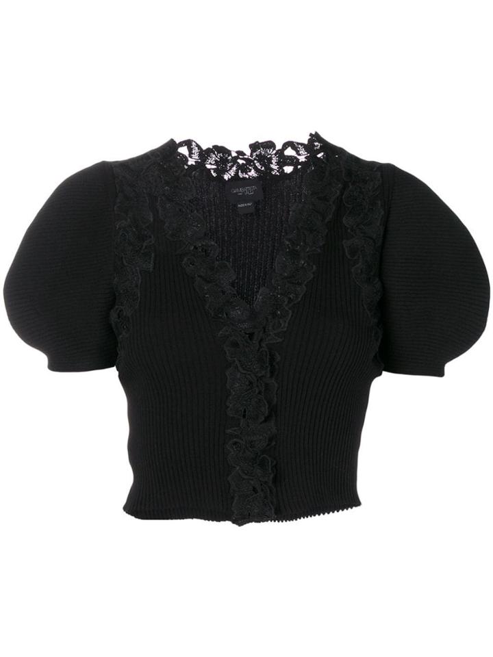 Giambattista Valli Floral Embroidered Trim Cropped Sweater - Black
