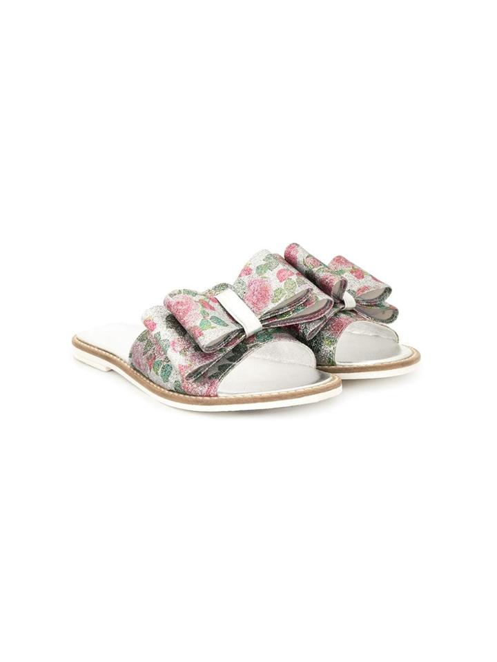 Monnalisa Glitter Floral Bow Slides - Silver