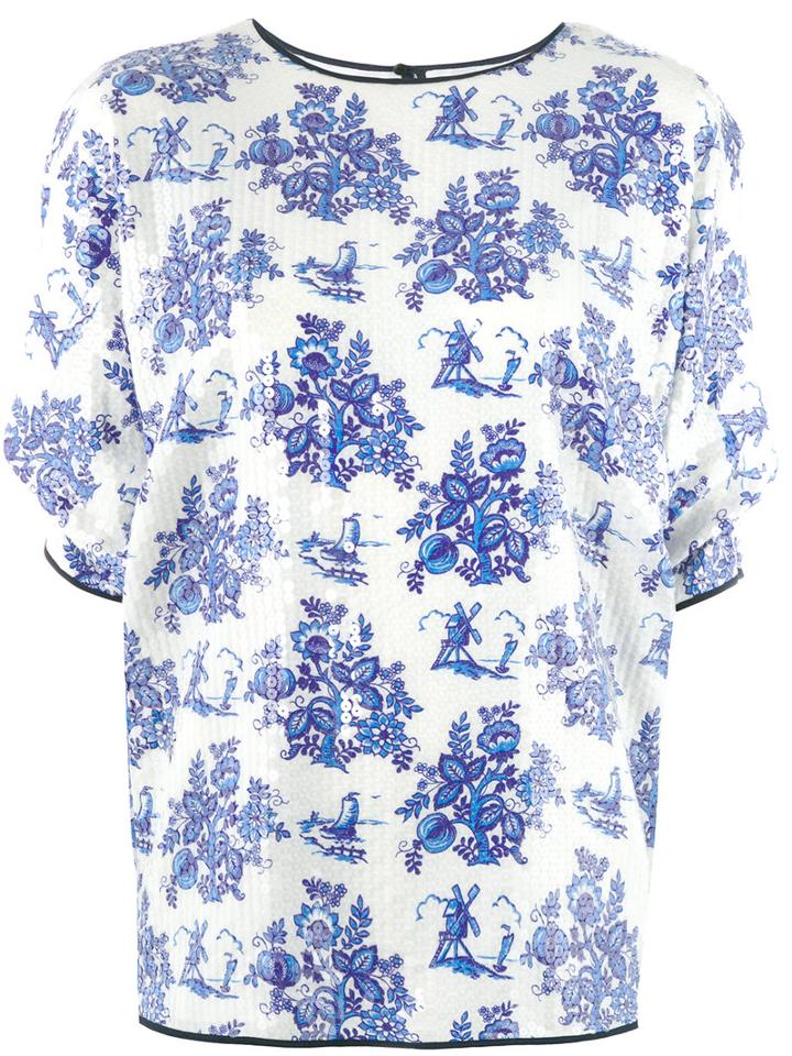 Victoria Victoria Beckham Floral Print Sequinned T-shirt, Women's, Size: 10, Blue, Polyester/silk/cotton