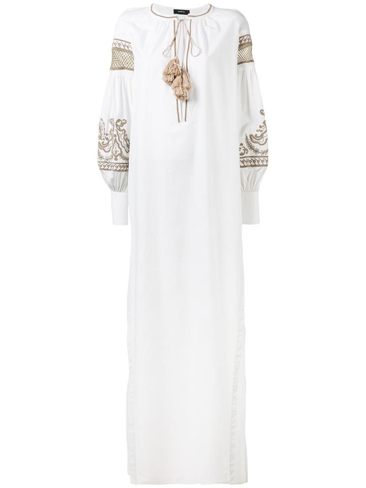 Wandering - Embroidered Poet Sleeve Maxi Dress - Women - Cotton - 40, White, Cotton