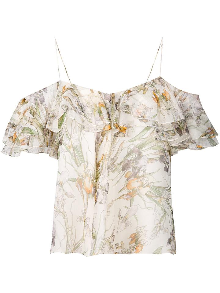 Alexander Mcqueen - Floral Frill Cold Shoulder Top - Women - Silk - 38, Silk
