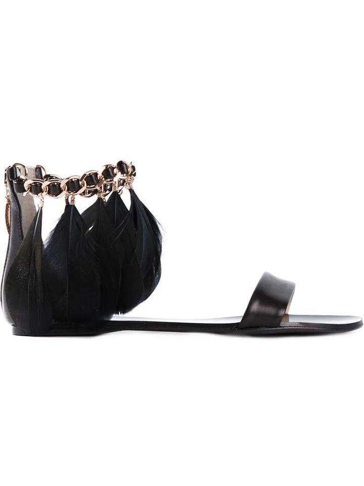Anna Baiguera Feather Ankle Strap Sandals, Women's, Size: 36, Black, Leather/metal Other