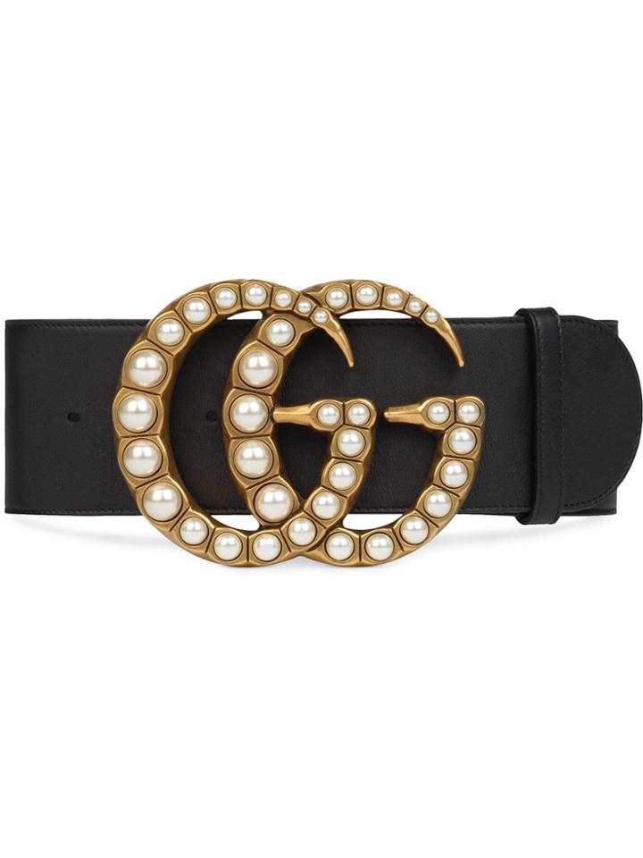 Gucci Wide Leather Belt With Pearl Double G - Black
