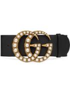 Gucci Wide Leather Belt With Pearl Double G - Black