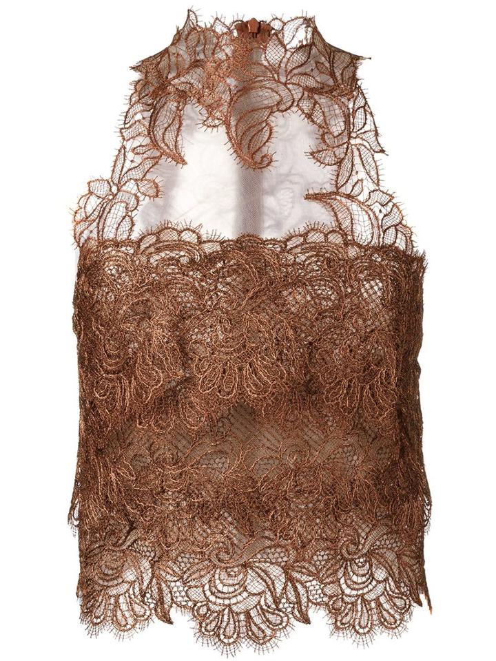 Ermanno Scervino High Neck Lace Top, Women's, Size: 40, Brown, Polyester/polyamide/viscose/nylon