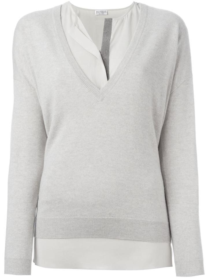 Brunello Cucinelli Layered V-neck Jumper, Women's, Size: Medium, Nude/neutrals, Spandex/elastane/cashmere/shell