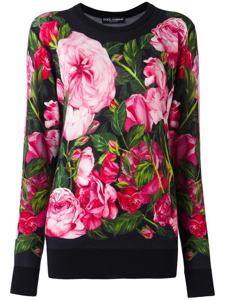 Dolce & Gabbana Rose Print Jumper, Women's, Size: 38, Black, Cashmere/silk