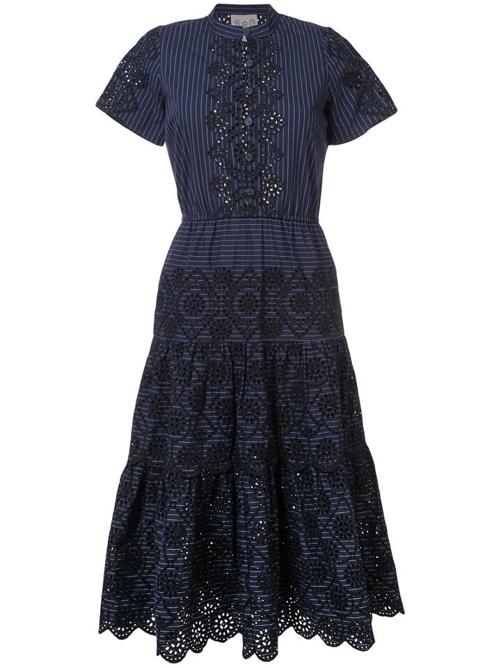 Sea - English Embroidery Pinstriped Dress - Women - Cotton - 10, Blue, Cotton