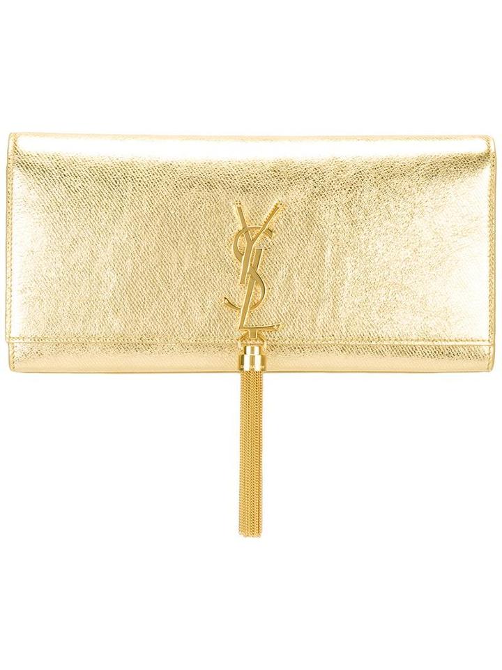 Saint Laurent 'monogram' Tassel Clutch, Women's, Grey, Calf Leather