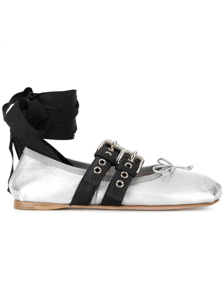 Miu Miu Woven Buckle Detail Ballerina Shoes - Metallic