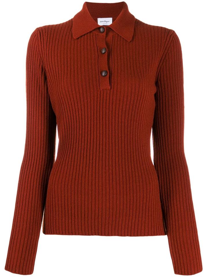 Salvatore Ferragamo Ribbed Long-sleeved Knitted Polo Shirt - Red