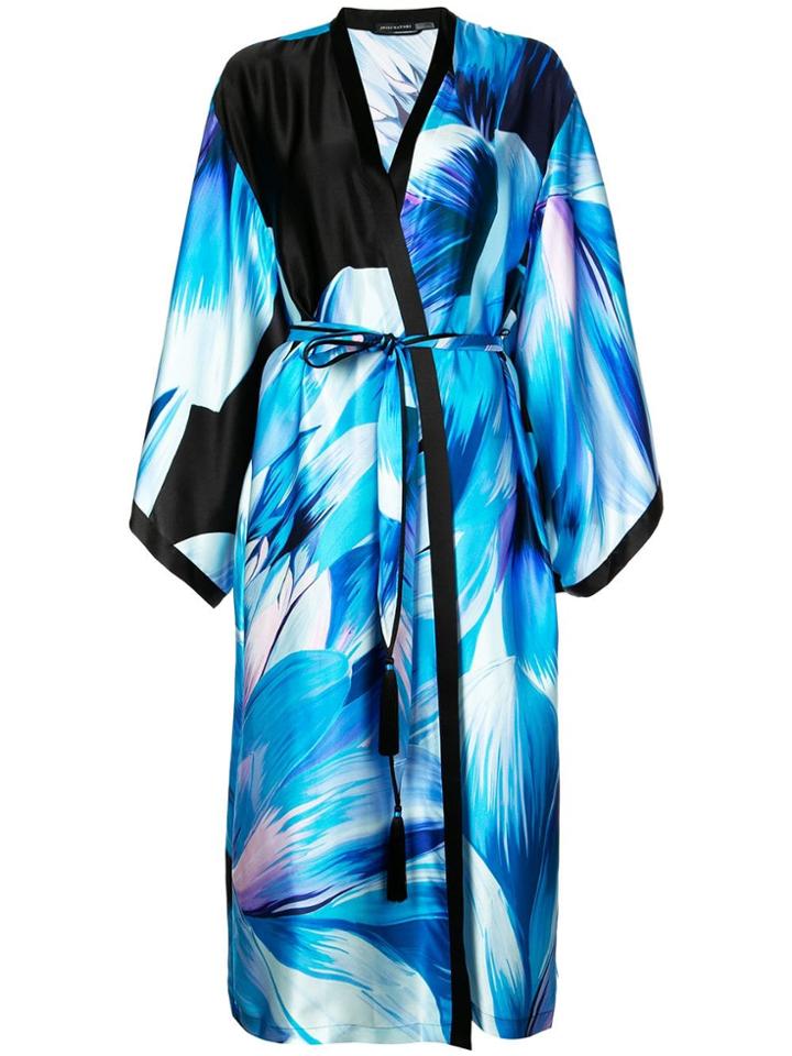 Josie Natori Printed Belted Midi Coat - Blue