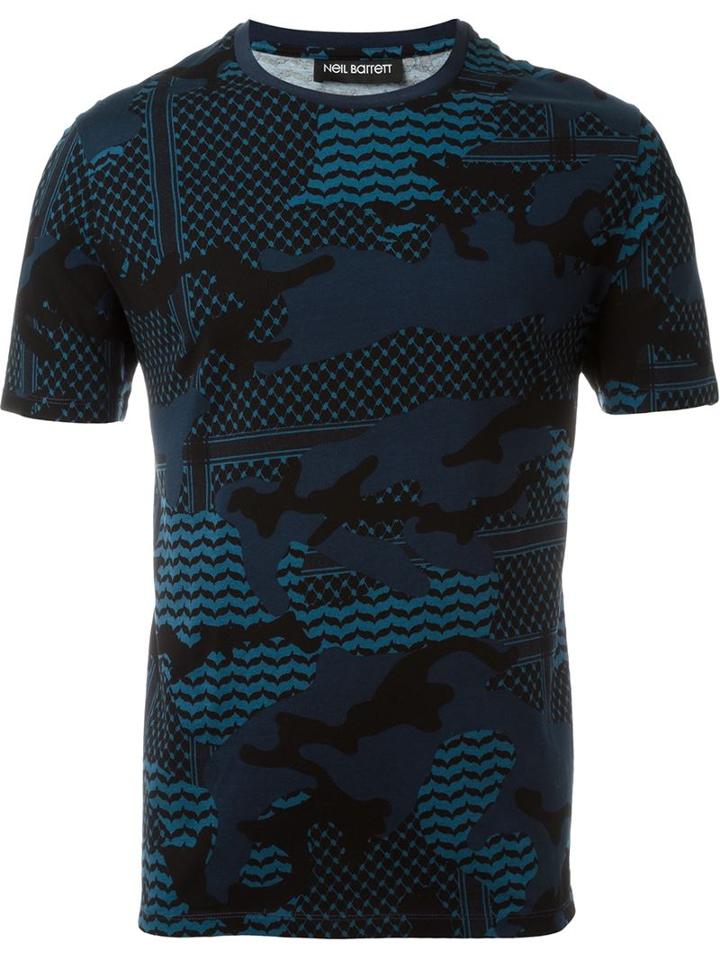 Neil Barrett Patterned Camouflage T-shirt, Men's, Size: S, Blue, Cotton