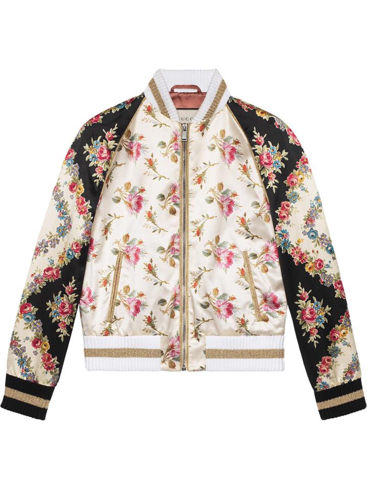 Gucci Rose Print Silk Bomber Jacket - Pink & Purple