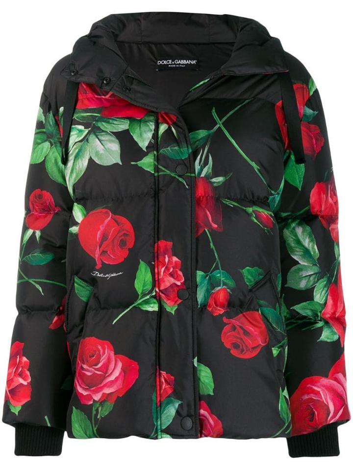Dolce & Gabbana Hooded Floral-print Down Jacket - Black
