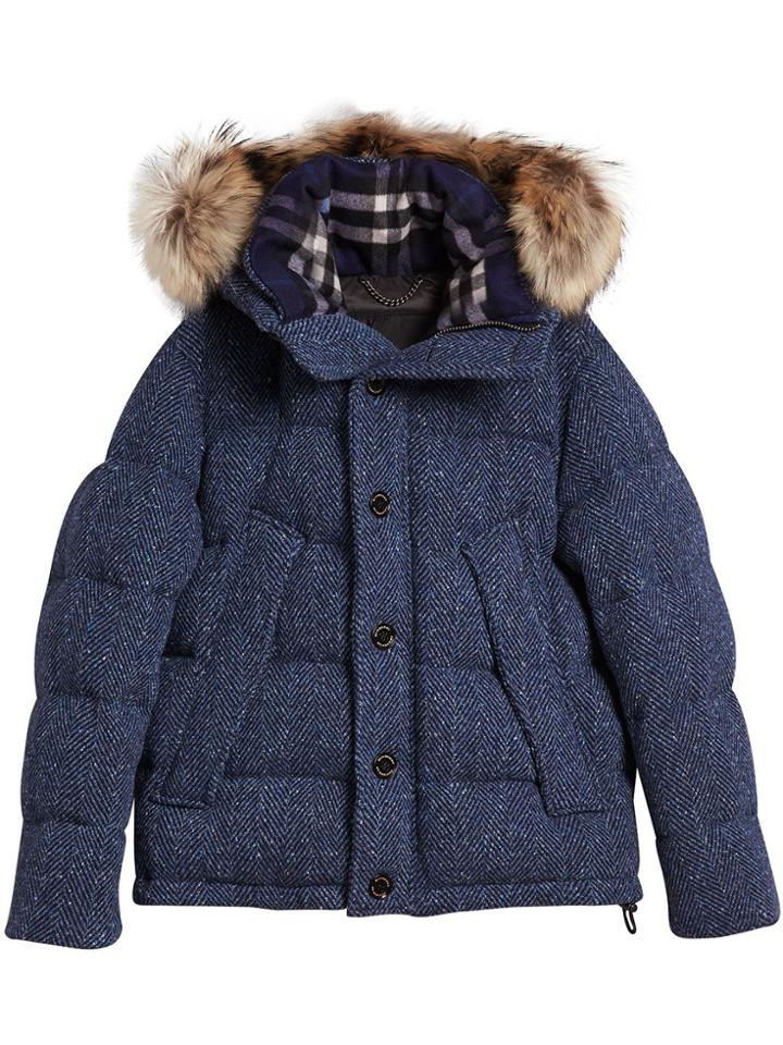 Burberry Detachable Fur Trim Down Parka - Blue
