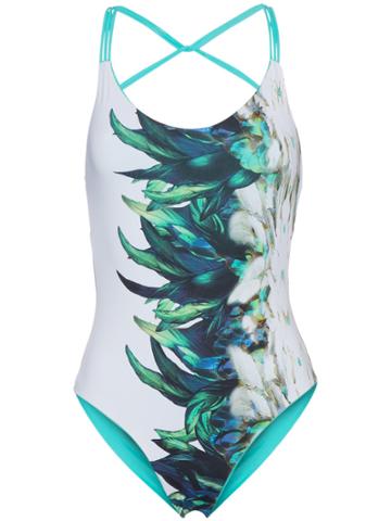 Belusso Feather Print Reversible Cross Back Swimsuit - White