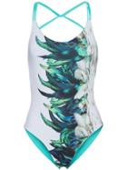 Belusso Feather Print Reversible Cross Back Swimsuit - White