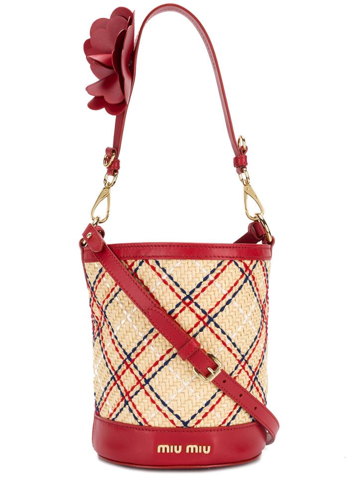 Miu Miu Floral Embellished Checked Bucket Bag - Red