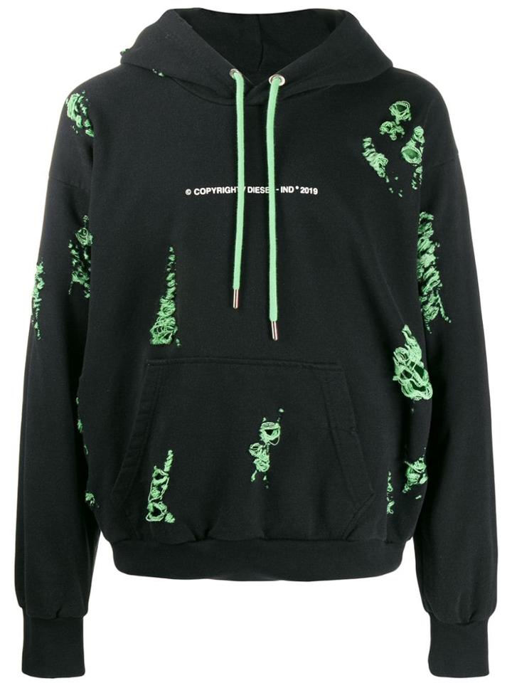 Diesel Logo Hoodie With Ripped Detailing - Black