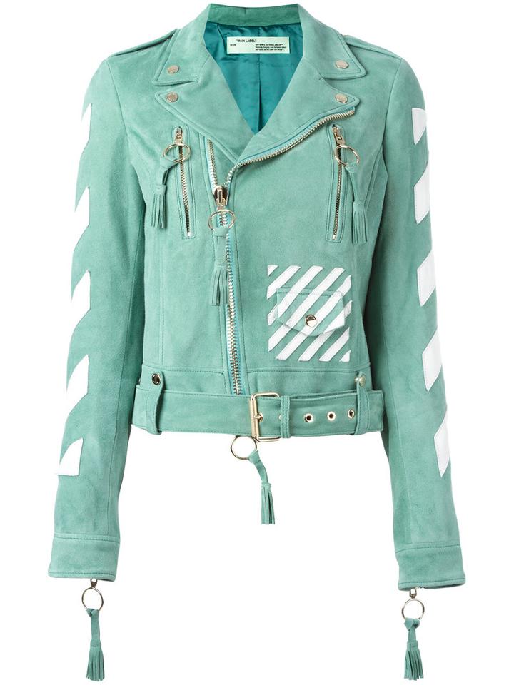 Off-white Striped Print Biker Jacket, Women's, Size: Large, Green, Goat Skin/viscose