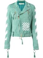 Off-white Striped Print Biker Jacket, Women's, Size: Large, Green, Goat Skin/viscose