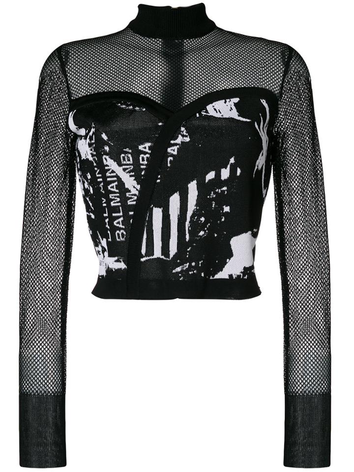 Balmain Printed Mesh Cropped Top - Black