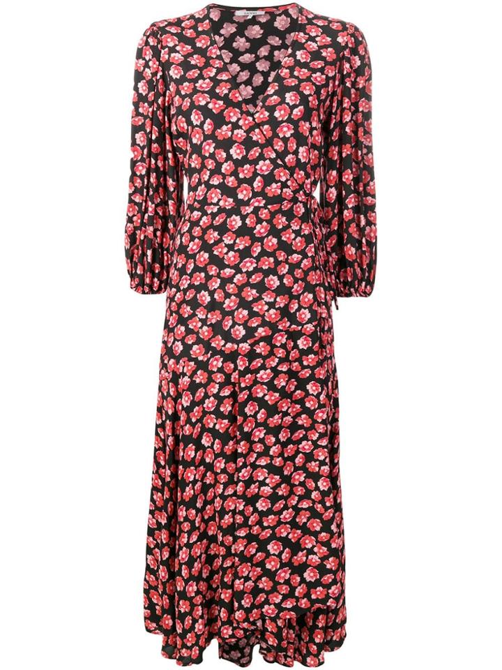 Ganni Floral Flared Wrap Dress - Black