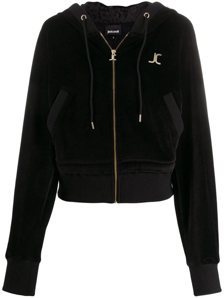 Just Cavalli Velour Logo Plaque Bomber Jacket - Black