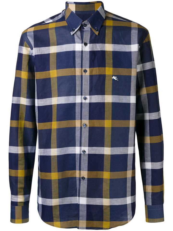 Etro Plaid Button-down Shirt, Men's, Size: 45, Blue, Cotton/linen/flax