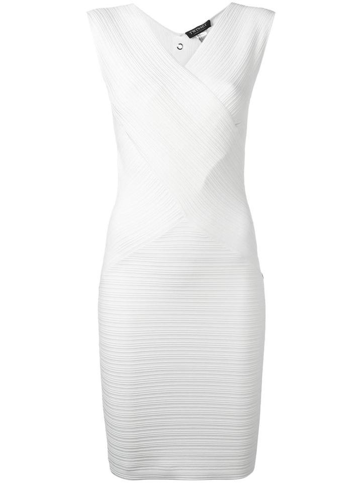 Twin-set V-neck Ribbed Fitted Dress, Women's, Size: Large, White, Viscose/polyamide/spandex/elastane