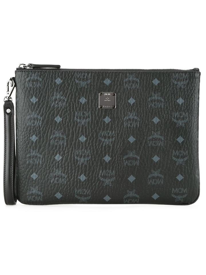 Mcm Logo Print Zip Clutch, Women's, Black, Pvc