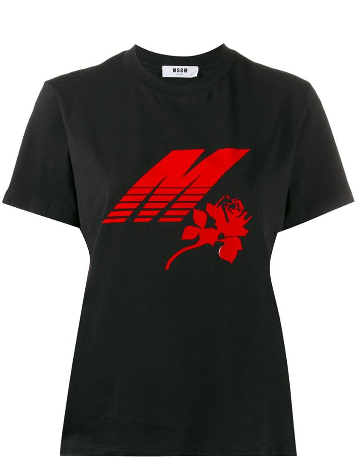 Msgm Rose And Logo Print T-shirt - Black