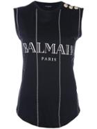 Balmain Striped Logo Tank Top, Women's, Size: 40, Black, Cotton