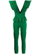 Area Ruffled Plunge Jumpsuit - Green