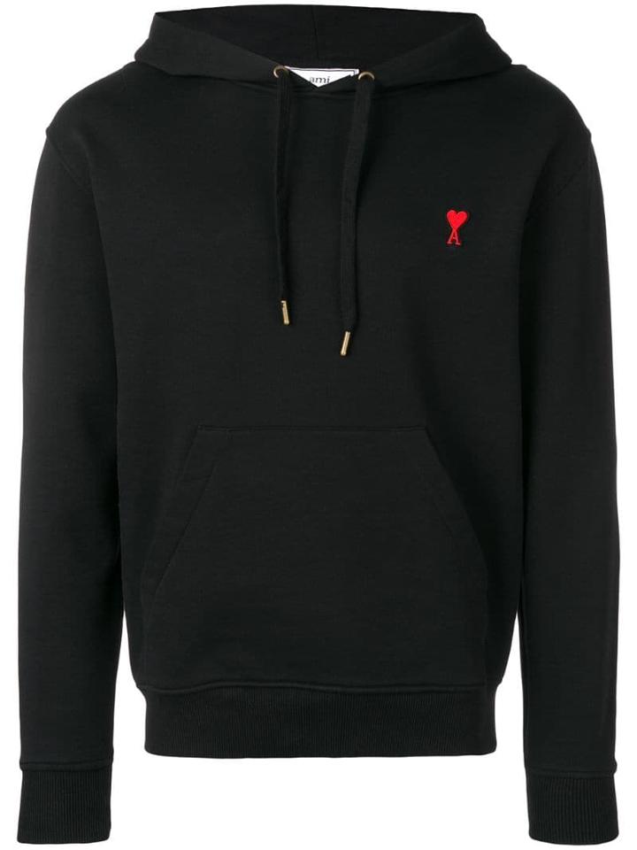 Ami Paris Hoodie Sweatshirt With Red Ami De Coeur Patch - Black