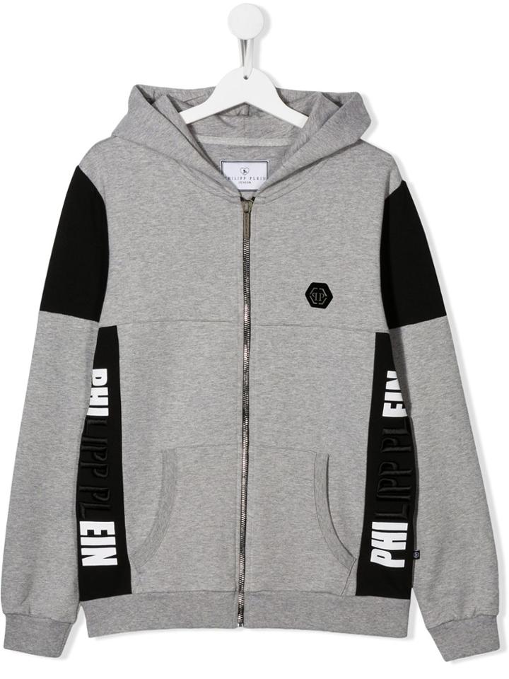 Philipp Plein Junior Teen Logo Tape Hooded Jacket - Grey