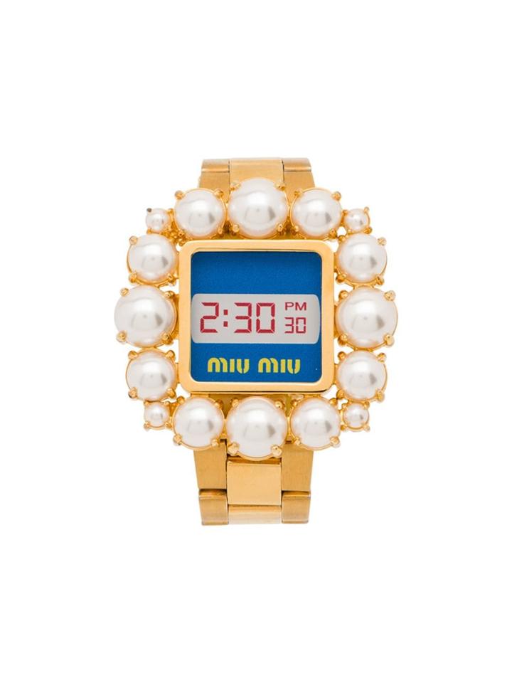 Miu Miu Pearl Embellished Watch - Gold