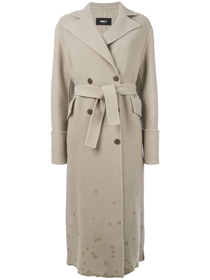 Yang Li Belted Double Breasted Coat With Distressed Effects - Nude &