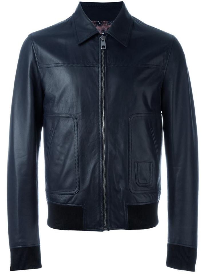 Dolce & Gabbana Leather Bomber Jacket, Men's, Size: 52, Blue, Lamb Skin/viscose/cotton