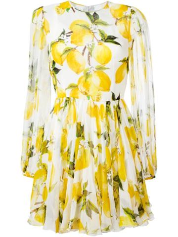 Dolce & Gabbana Lemon Print Dress, Women's, Size: 46, White, Silk/cotton/spandex/elastane/silk