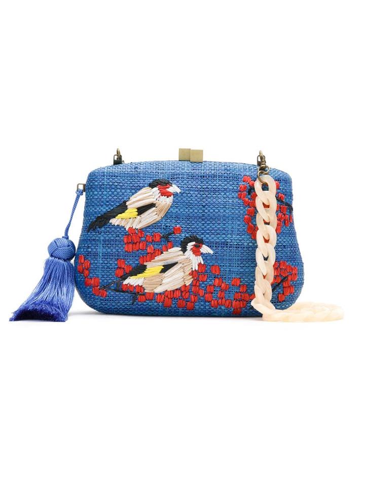 Serpui Embroidered Straw Clutch - Blue