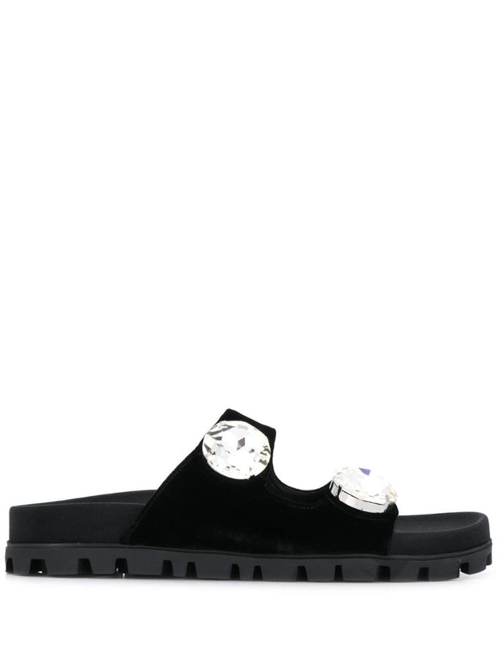 Miu Miu Velvet Crystal Embellished Sandas - Black