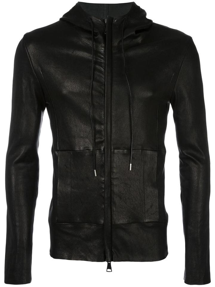 Giorgio Brato Leather Hooded Jacket, Men's, Size: 50, Black, Leather/cotton/spandex/elastane