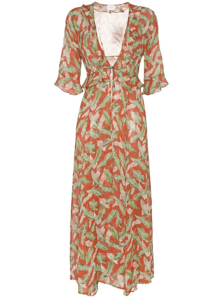 We Are Leone Leaf Print Silk Maxi Robe - Red