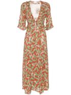 We Are Leone Leaf Print Silk Maxi Robe - Red