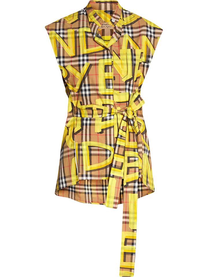 Burberry Sleeveless Graffiti Print Vintage Check Cotton Shirt - Yellow