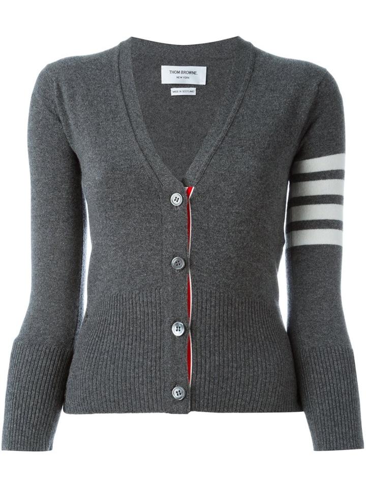 Thom Browne - V-neck Cardigan With White 4-bar Stripe In Medium Grey Cashmere - Women - Cashmere - 42, Cashmere