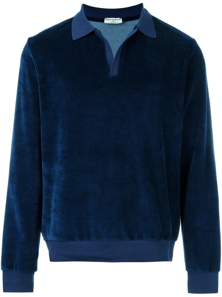 Éditions M.r V-neck Velvet Polo Shirt, Men's, Size: Small, Blue, Cotton
